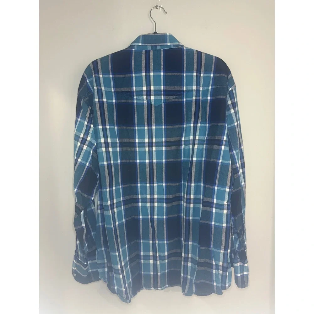 Vintage 90's Wrangler Western Shirt Blue Plaid‎ Pearl Snap Button Down XL